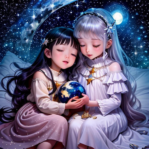 two girls are sitting on a bed with a globe in their hands and stars in the sky behind them