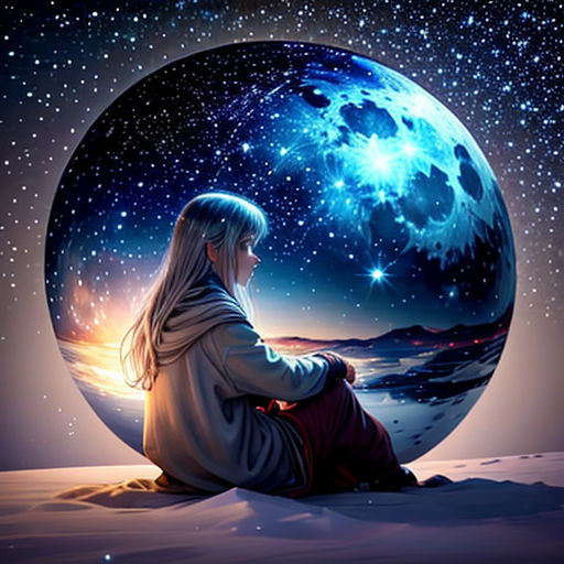 a person sitting on the ground looking at the stars in the sky and a moon in the sky behind them