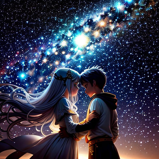 a couple standing under a star filled sky with a sky full of stars behind them and a sky full of stars behind them
