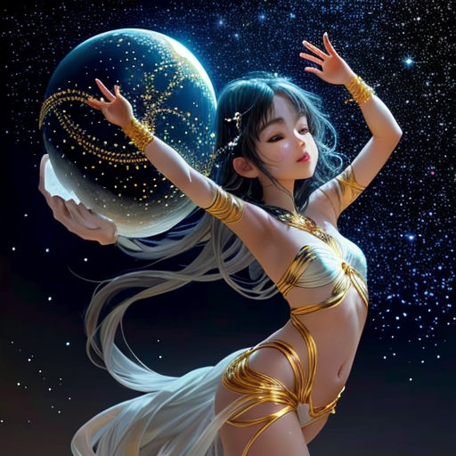 a woman in a belly - down dress holding a crystal ball in her hand and a star filled sky behind her