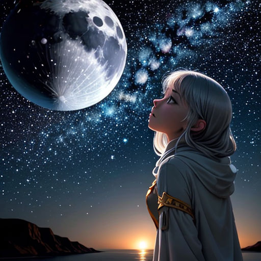 a woman looking at the stars in the sky with a moon in the background and a full moon in the sky