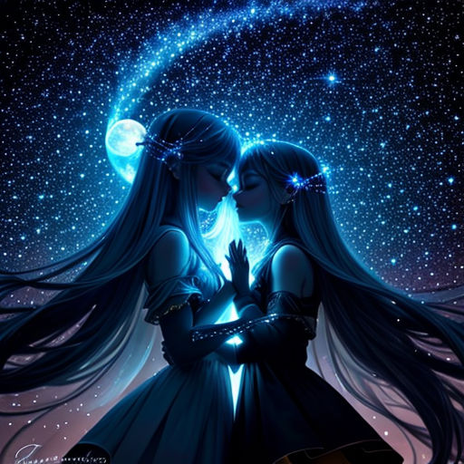 two girls are kissing under a night sky with stars and a crescent moon behind them, and a crescent moon is in the distance