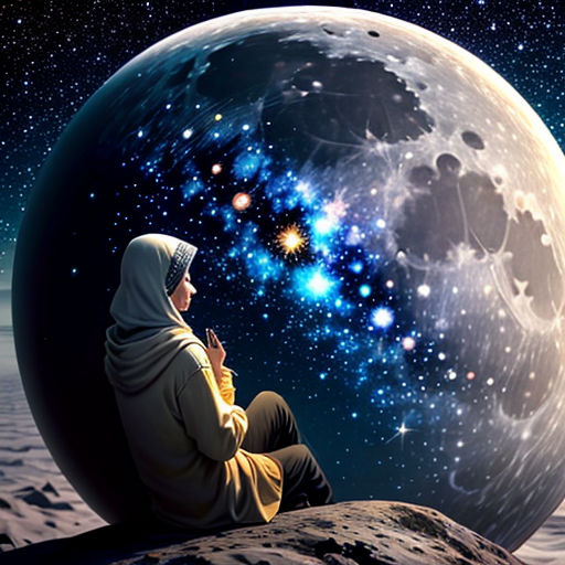 a person sitting on a rock looking at the stars in the sky above the moon and the earth in the background