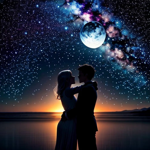 a couple kissing under the stars of the night sky with a full moon in the background and a distant galaxy