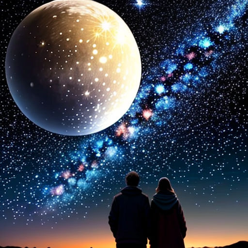 two people looking at the stars in the sky with a planet in the background photo by shutterstocker