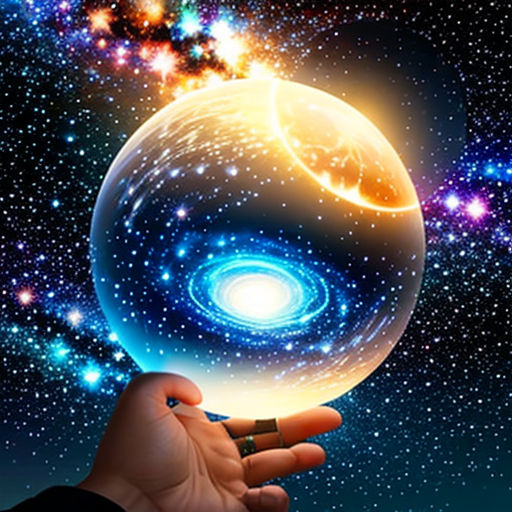 a person holding a crystal ball in their hand with a galaxy in the background and stars in the sky