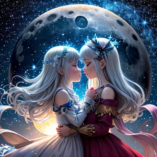 two girls are standing in front of a moon and stars sky with a crescent behind them, and the moon is shining brightly