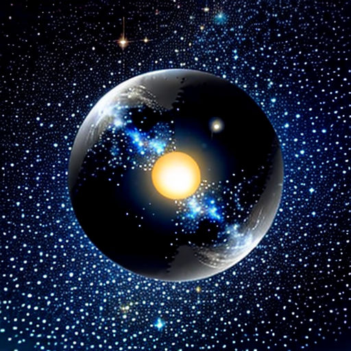 a space scene with a planet and stars in the background, and a bright yellow light in the center