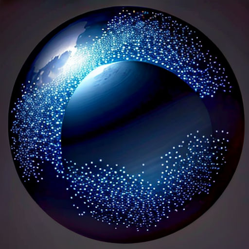 a blue sphere with stars in the middle of it and a planet in the background with a dark background
