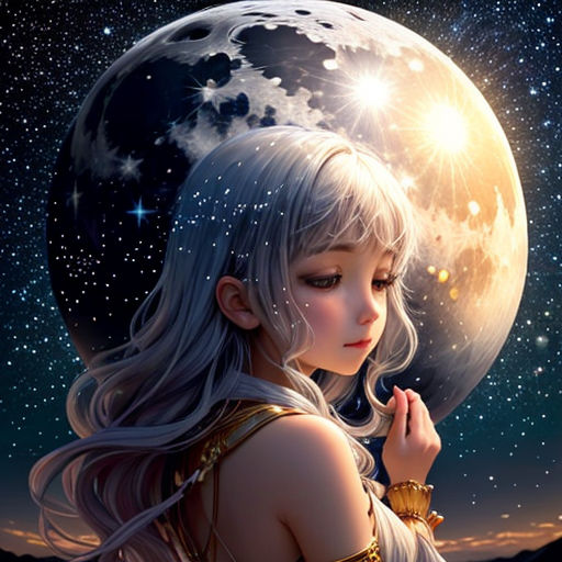 a girl with long hair and a moon in the background is looking at the stars and the moon is shining