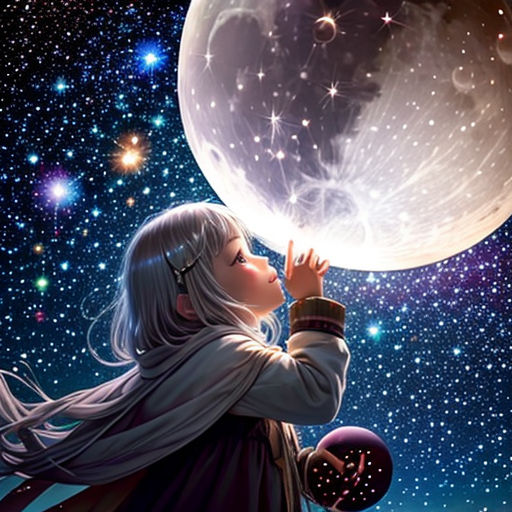 a girl holding a large moon in her hand with stars in the background of the sky and stars in the sky