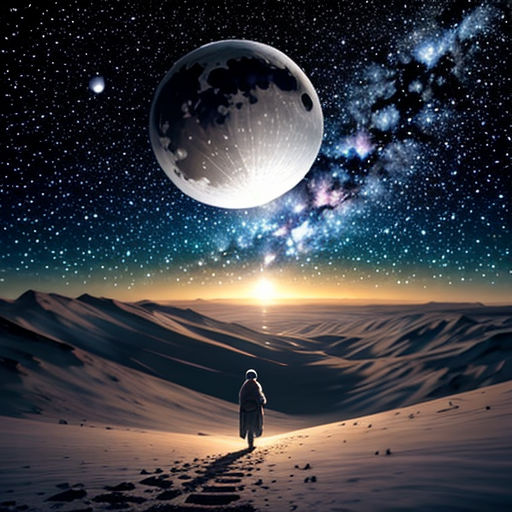 a man walking across a snow covered field under a full moon filled sky with stars and a distant object