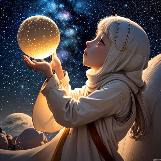 a painting of a person holding a ball in their hand with a sky background and stars in the sky