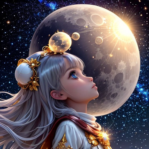 a girl with a moon in her hair and a star in the background with stars and a moon in the sky