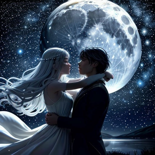 a couple is standing under the moon in the night sky with stars and a full moon behind them, and the moon is shining brightly