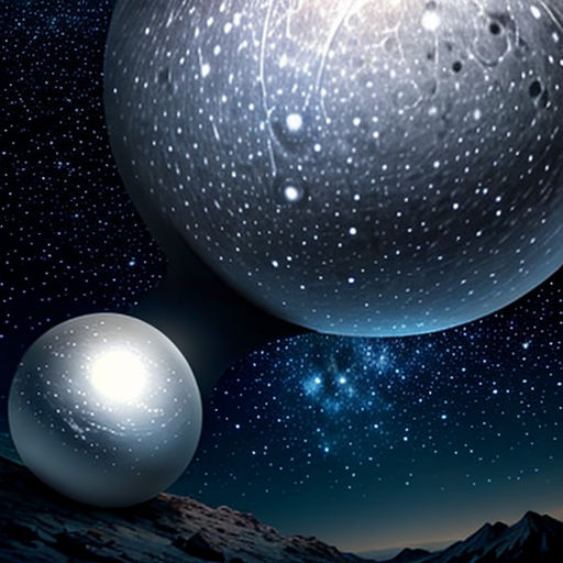 a large and small object in the sky with stars above it and a mountain in the background with a blue sky