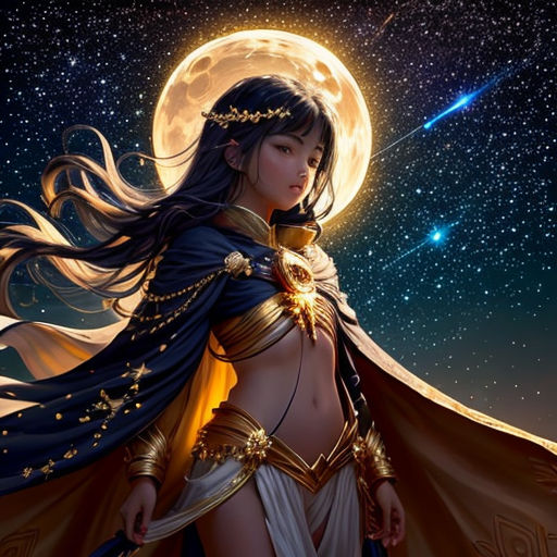 a woman in a costume standing under a full moon with a sword in her hand and a star in the background