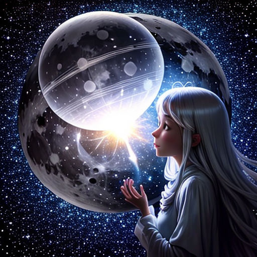 a girl holding a large ball in her hand in front of a space background with stars and planets in the sky