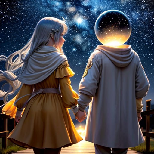 a couple walking down a path towards the stars in the sky with a glowing orb on their head and a glowing orb on their shoulders