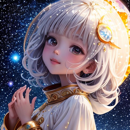 a girl with a white hair and a gold collar and a white dress with a gold collar and a gold ring around her neck