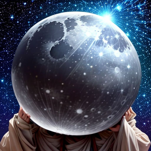 a person holding a large ball over their head in front of a night sky with stars and a full moon