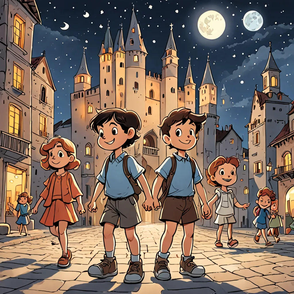 a group of children walking down a street at night with a castle in the background and a full moon in the sky, paris school, a storybook illustration, Diego Gisbert Llorens, official art