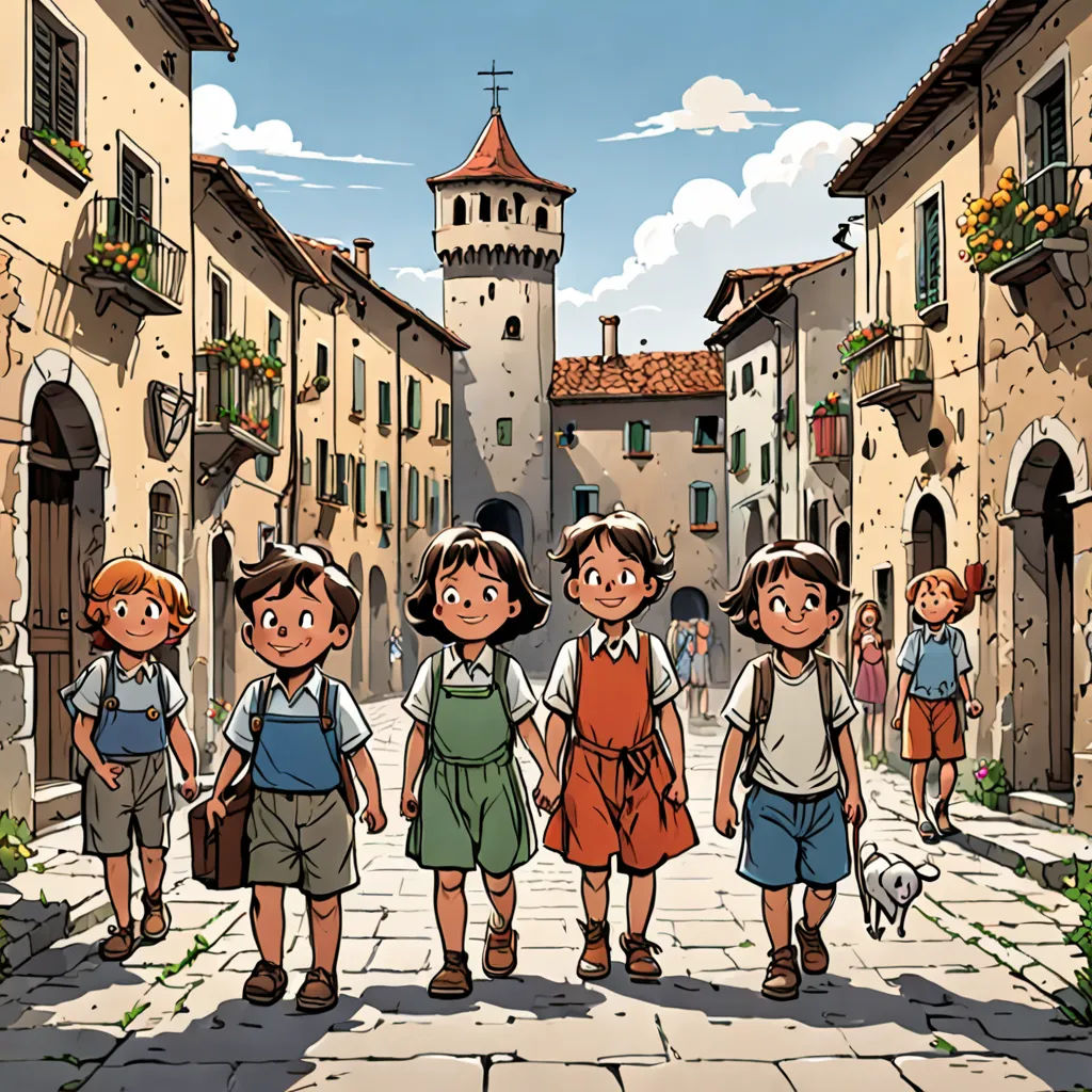 a group of children walking down a street next to a tall building with a clock tower on top of it, serial art, a comic book panel, Achille Leonardi, ghibli