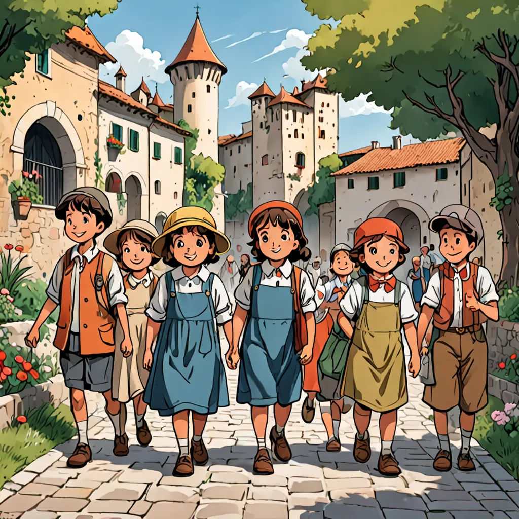 a group of children standing in front of a castle with a woman in a blue dress and a man in a brown hat, danube school, a detailed matte painting, Anne Said, ghibli