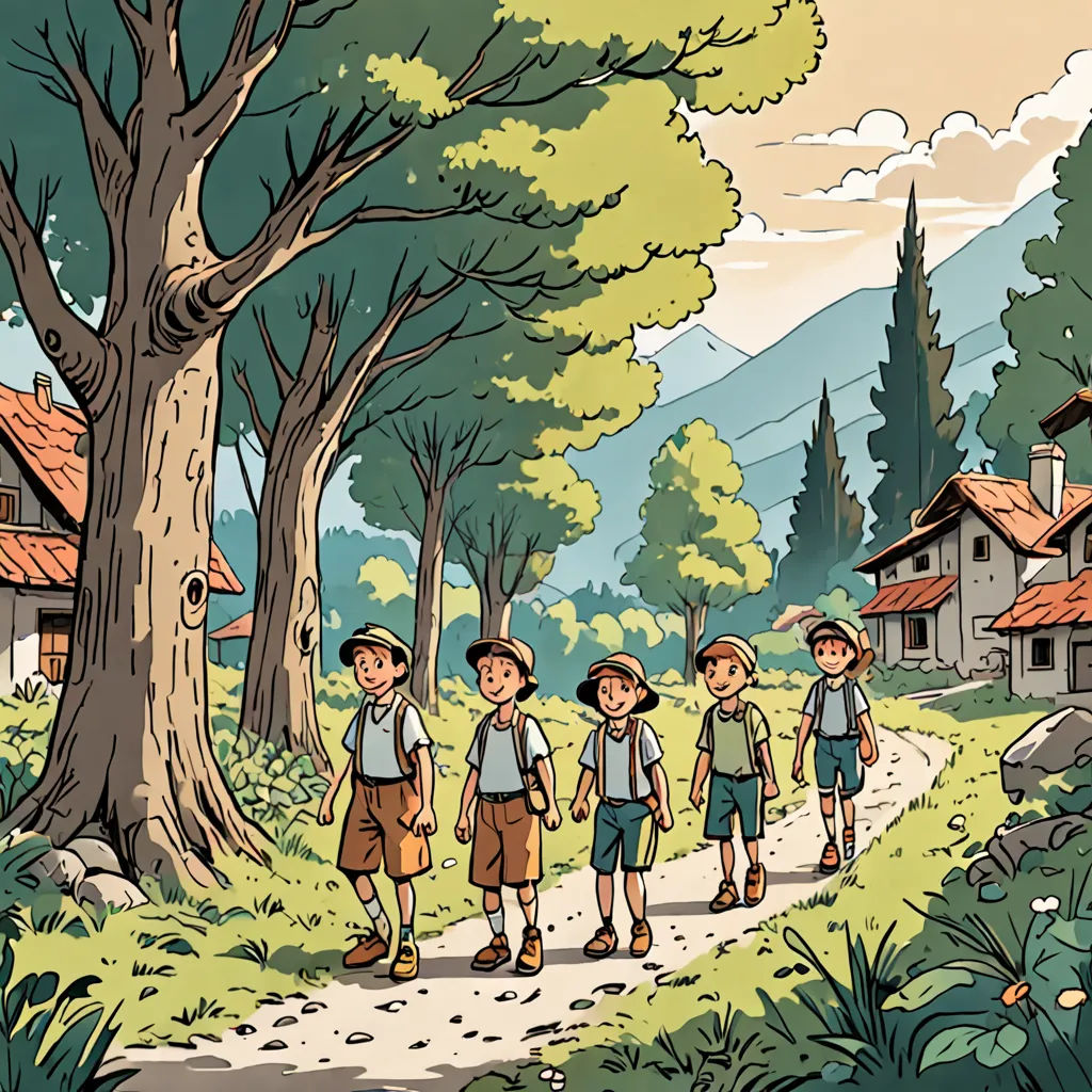 a group of children walking down a path in the woods with a house in the background and a tree in the foreground, plein air, a storybook illustration, Diego Gisbert Llorens, storybook illustration