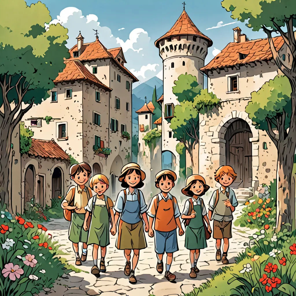 a group of children walking down a path in front of a castle with a clock tower on top of it, paris school, a storybook illustration, Diego Gisbert Llorens, ghibli