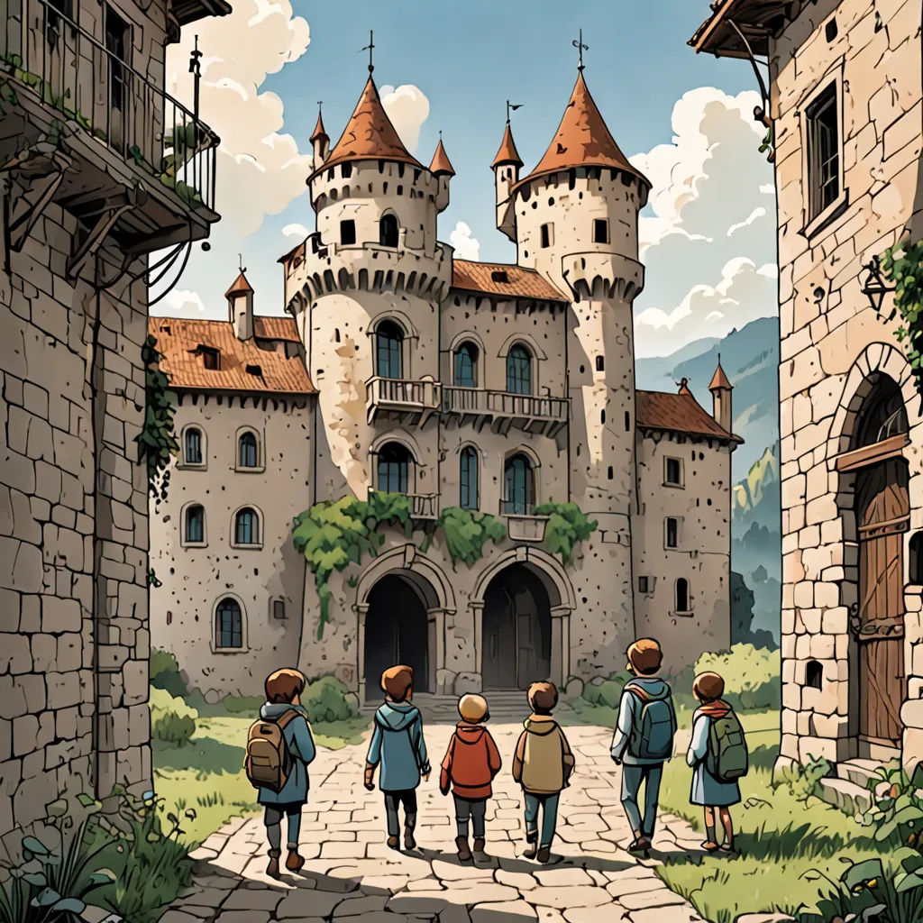 a group of people walking down a street past a castle like building with towers on top of it and a gate, paris school, a storybook illustration, Andreas Rocha, ghibli