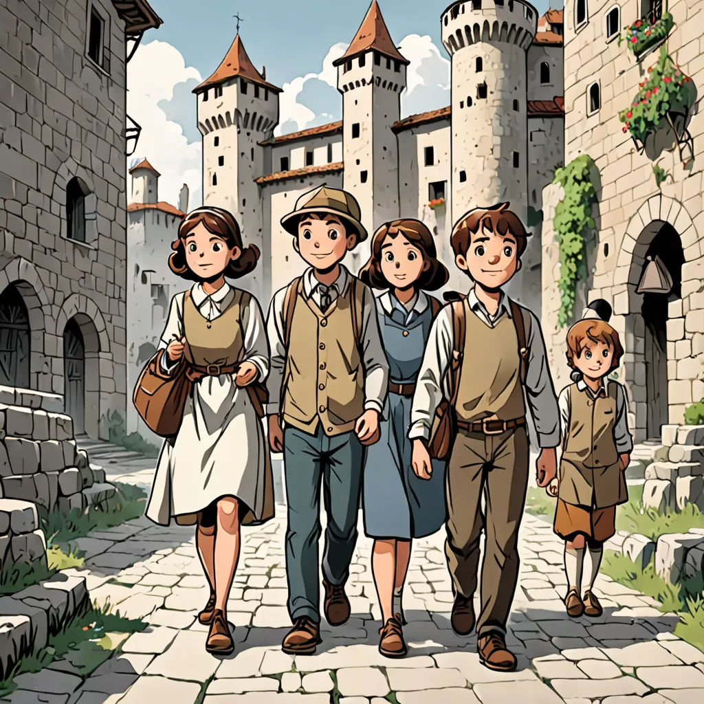 a family of four walking down a cobblestone road in front of a castle with a clock tower, les automatistes, a storybook illustration, Brothers Hildebrandt, ghibli