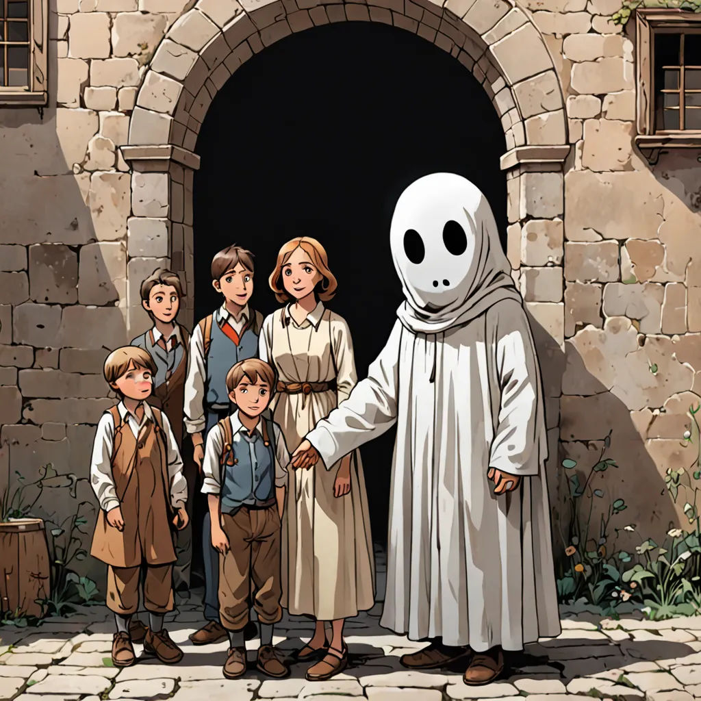 a group of children standing in front of a ghost in a doorway with a man in a ghost costume, magical realism, a storybook illustration, Achille Leonardi, ghibli