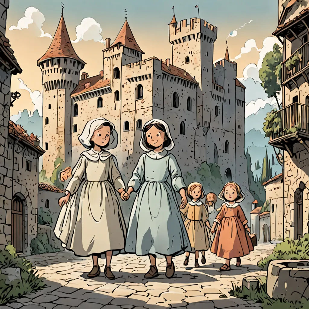 a group of children walking down a street next to a castle with towers on it and a woman holding hands, fantasy art, a storybook illustration, Brothers Hildebrandt, comic cover art