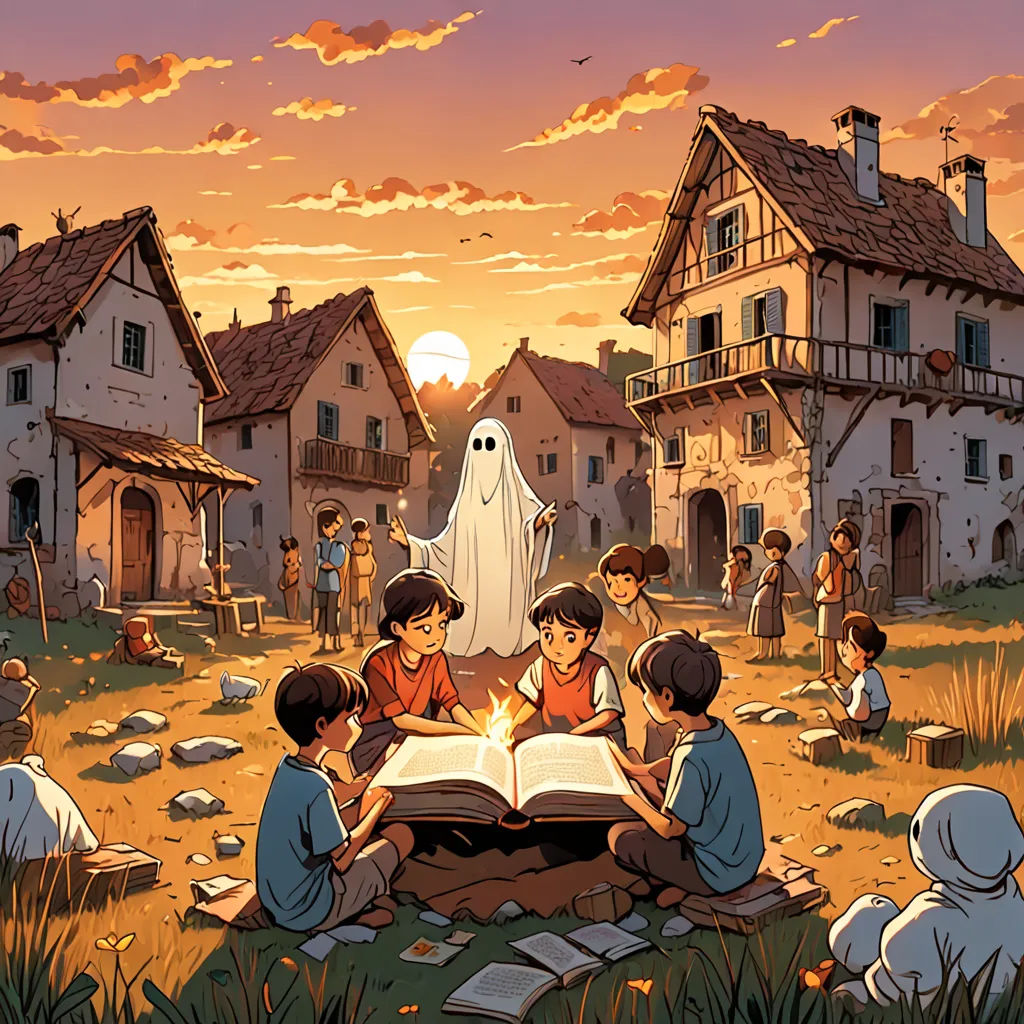 a group of children sitting around a book in a field with a ghost in the background and a ghost in the sky, serial art, a storybook illustration, Diego Gisbert Llorens, storybook illustration
