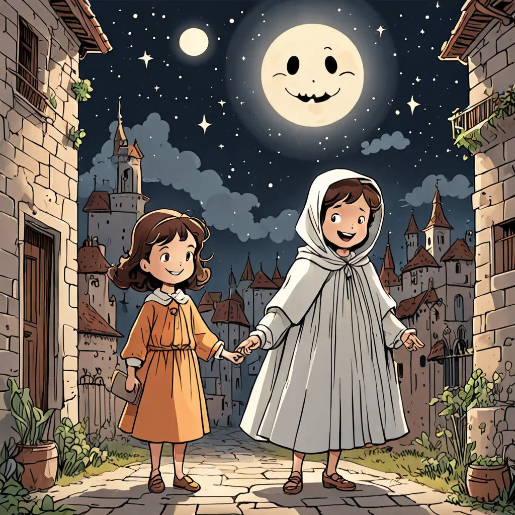a cartoon of two girls holding hands in front of a full moon and castle with a smiling face on the sky, serial art, a storybook illustration, Diego Gisbert Llorens, comic cover art