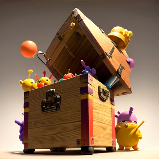 a wooden trunk with a bunch of toys inside of it and a balloon flying above it in the air