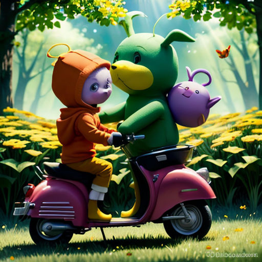 a painting of a child riding a scooter with a stuffed animal on the back of it and a dog on the back