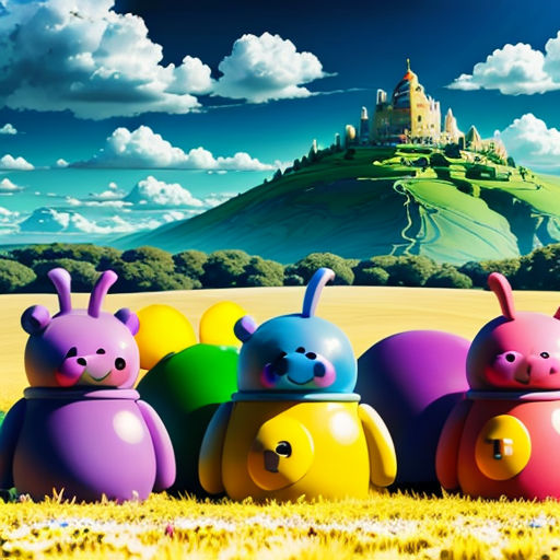 a group of colorfully painted animals in a field with a castle in the background and a blue sky