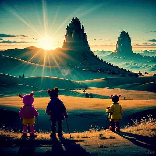 three children are standing in the middle of a field at sunset with a castle in the background and a mountain in the distance