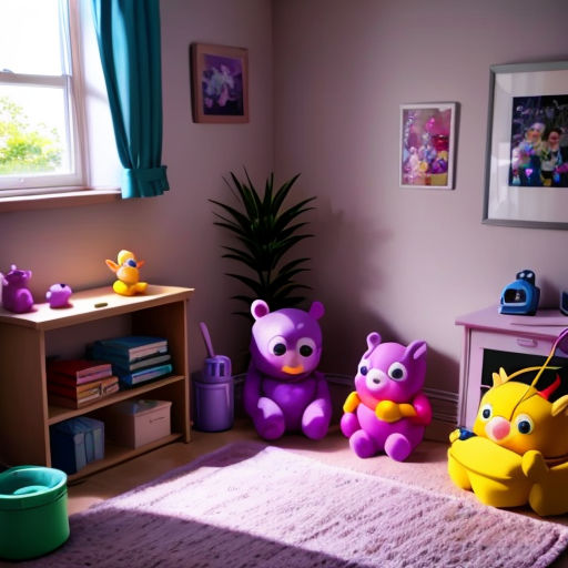 a room with a rug, a table, and stuffed animals in it and a window with a blue curtain