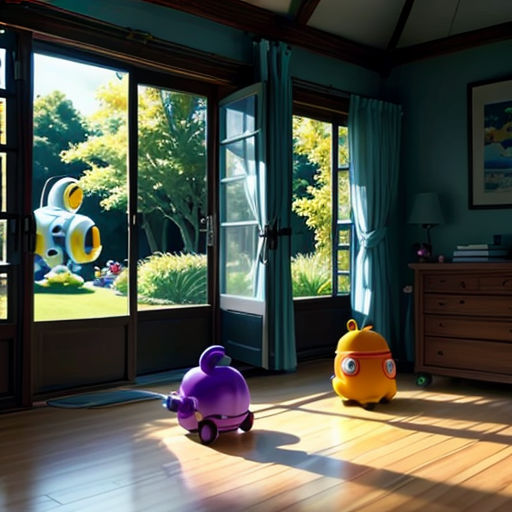 a room with a large window and a toy car in the middle of it, and a cartoon character in the background