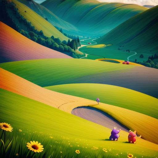 a painting of a hilly landscape with a couple of pigs sitting on a hill looking at a valley with a valley in the background