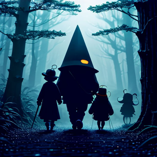 a group of people walking through a forest at night with a wizard hat on their head and a glowing eye