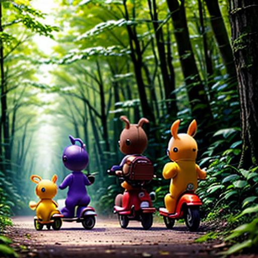 a group of toy animals riding on a toy motorcycle in the woods with a forest background and a path
