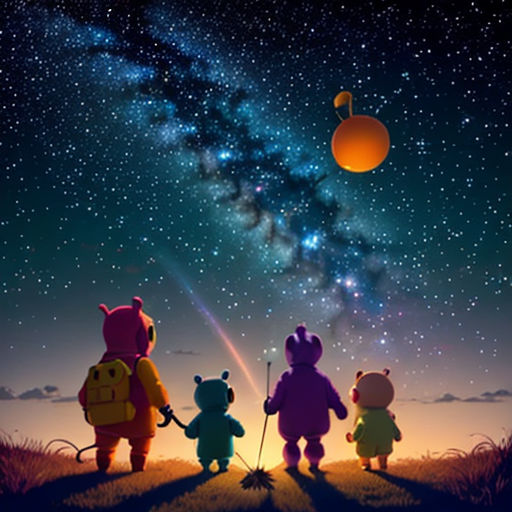 three cartoon characters standing in the grass under a night sky with stars and a bright light above them, with a bright orange light shining on the sky