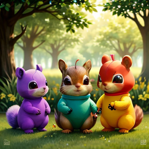 a group of three cartoon animals sitting next to each other on a field of grass and trees with yellow flowers