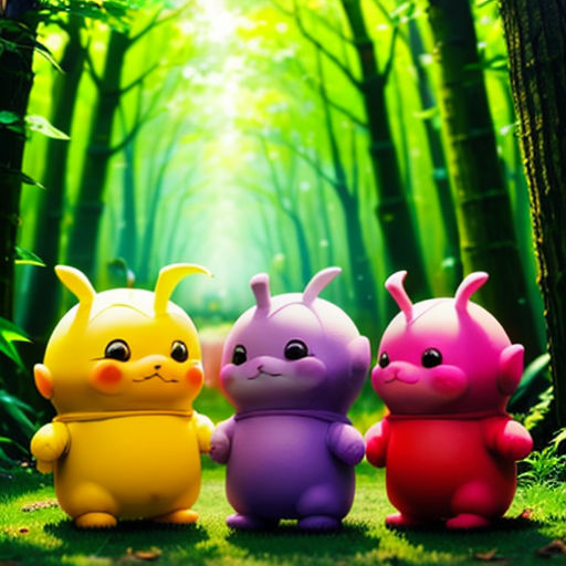 three little bugs are standing in the woods together, with the sun shining through the trees behind them,