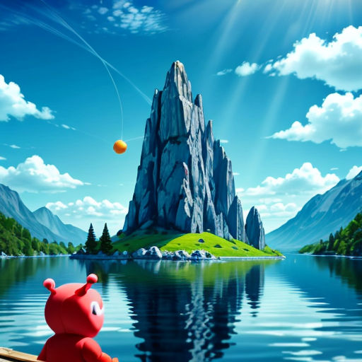 a cartoon character is sitting on a boat in the water near a mountain and a lake with a ball in the air