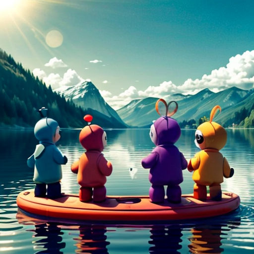a group of toy animals sitting on top of a raft in the water near mountains and a lake with a sun